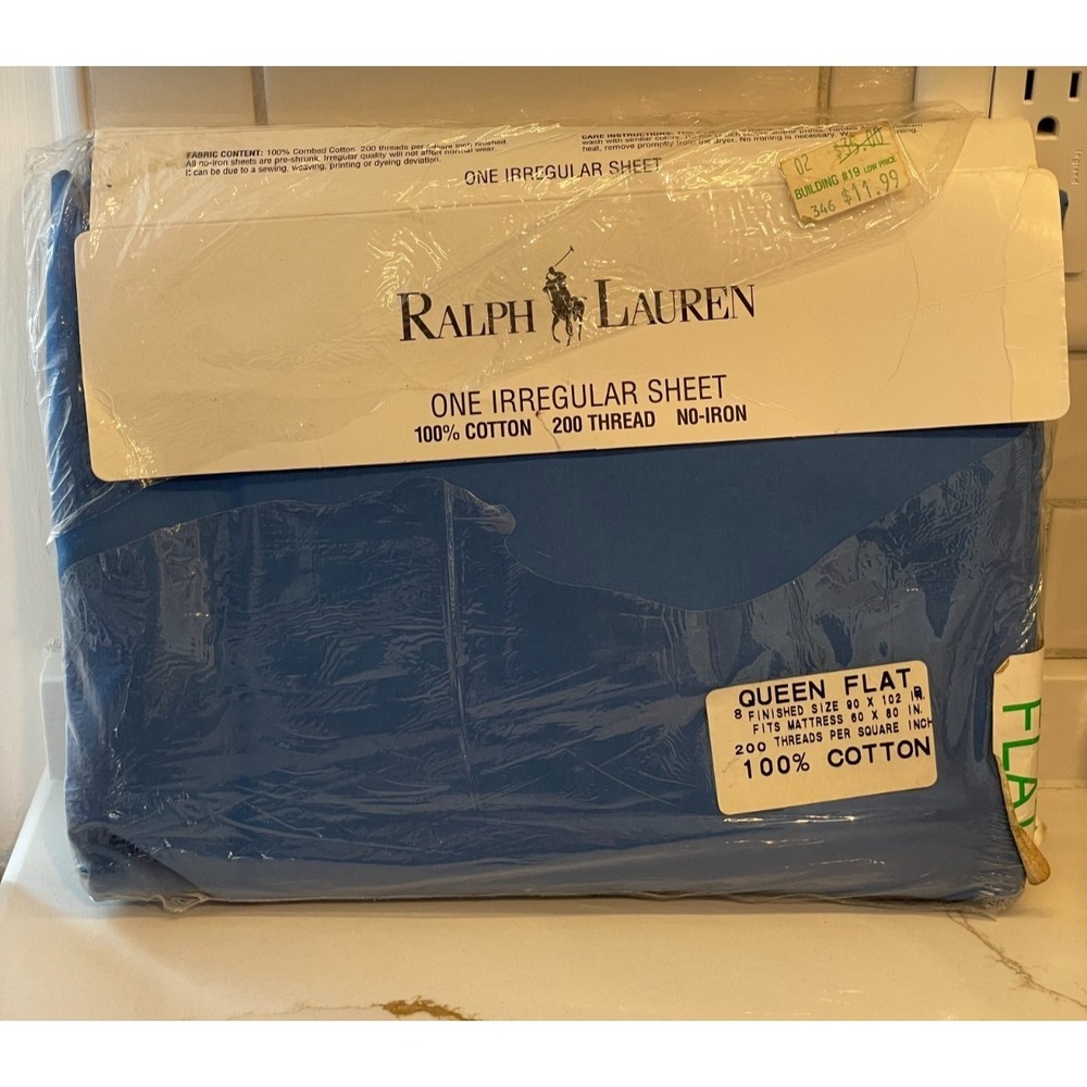 IRREGULAR Vintage Ralph Lauren Queen Flat Sheet Blue 100% Cotton 200 TC Open New